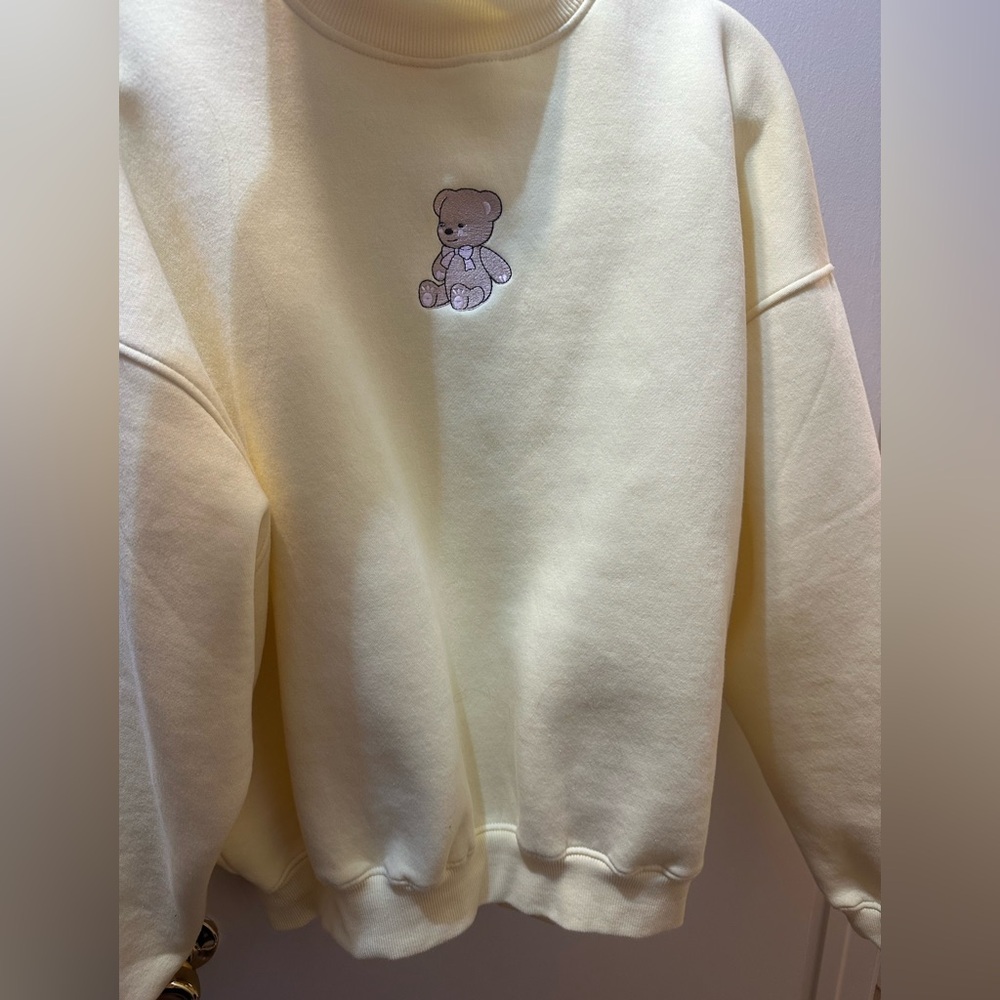 Cozy Cream Cowlneck Sweater with Teddy Embroidery
